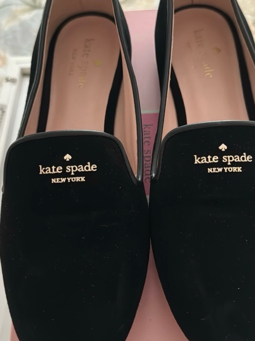 kate spade Black Velvet Loafers with Gold Logo Sz 9.5